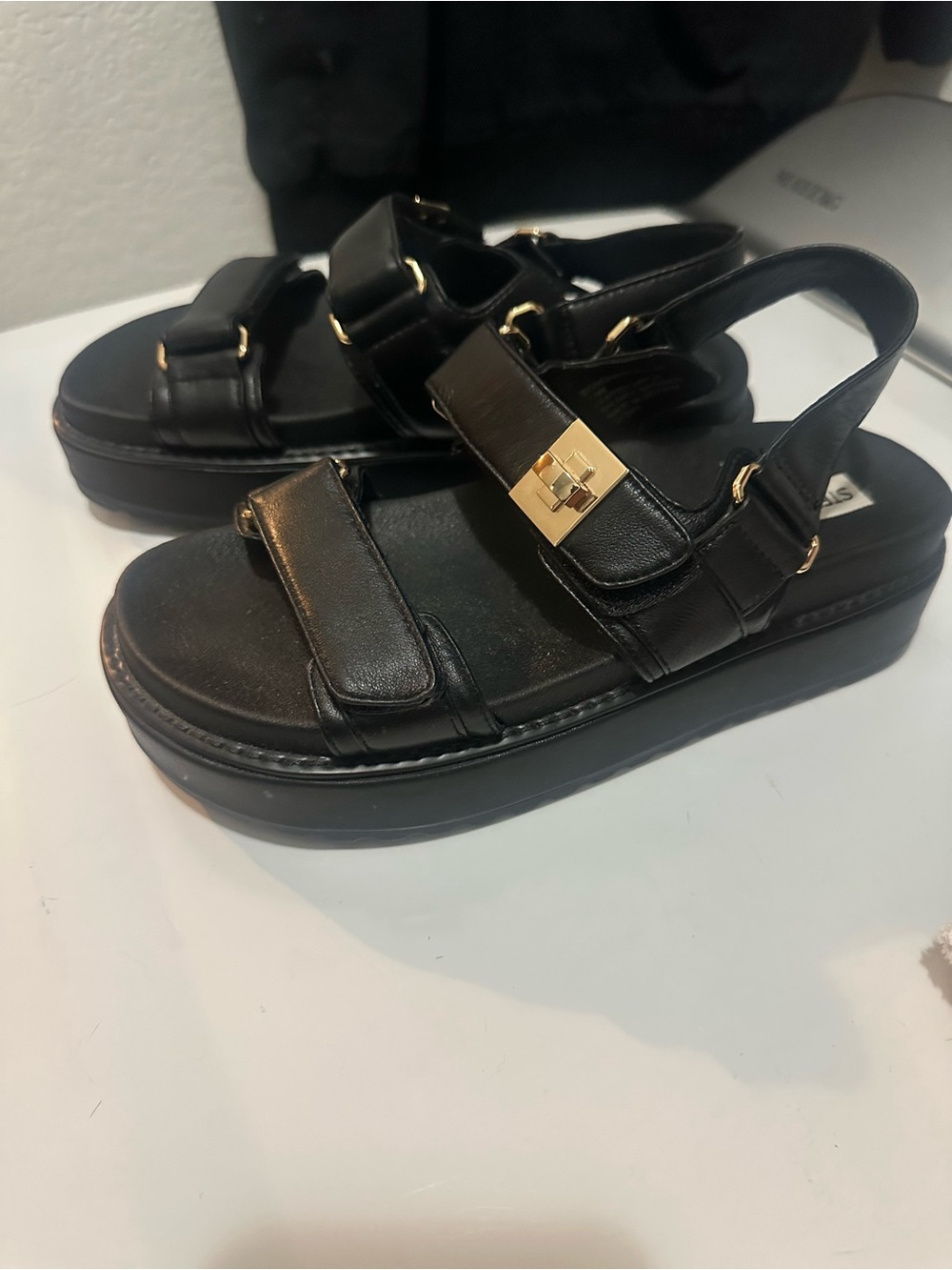 Steve Madden Black Wedge Platform Sandals with Gold Accent